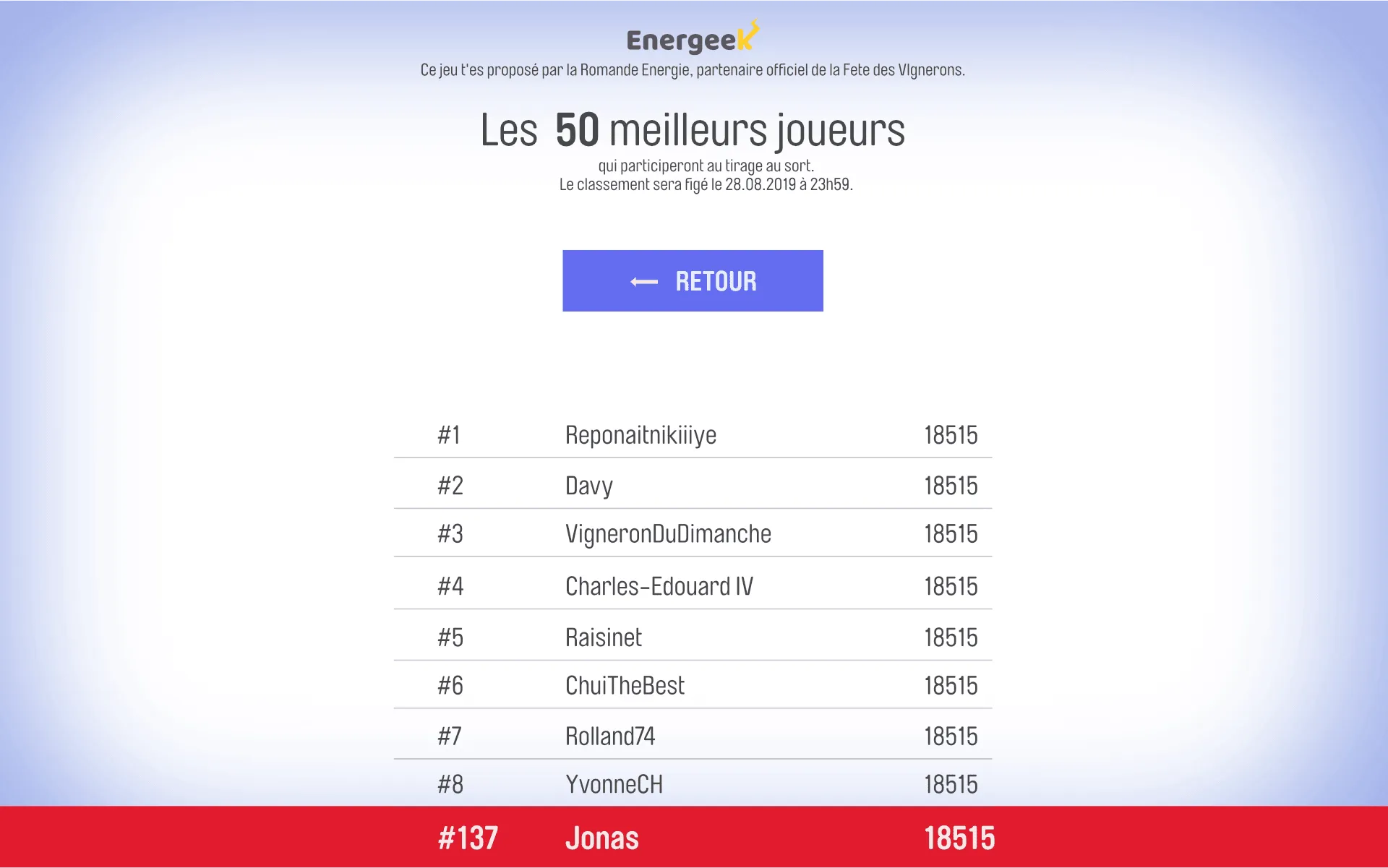 Image du classement du jeu vidéo concours Energeek commandé par Romande Energie pour la Fête des Vignerons 2019
