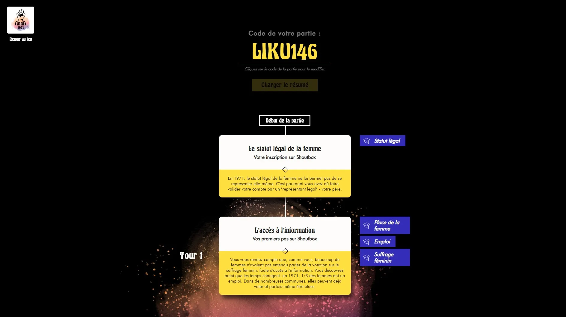 Un résumé de partie de jeu vidéo Anna 1971 à partager entre élèves