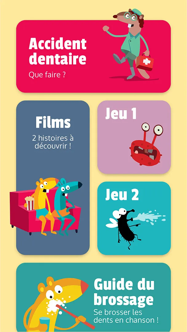 Images des jeux vidéo de l application ludique "FunDent" développée par notre entreprise suisse DNA Studios pour le Service Dentaire Scolaire 02