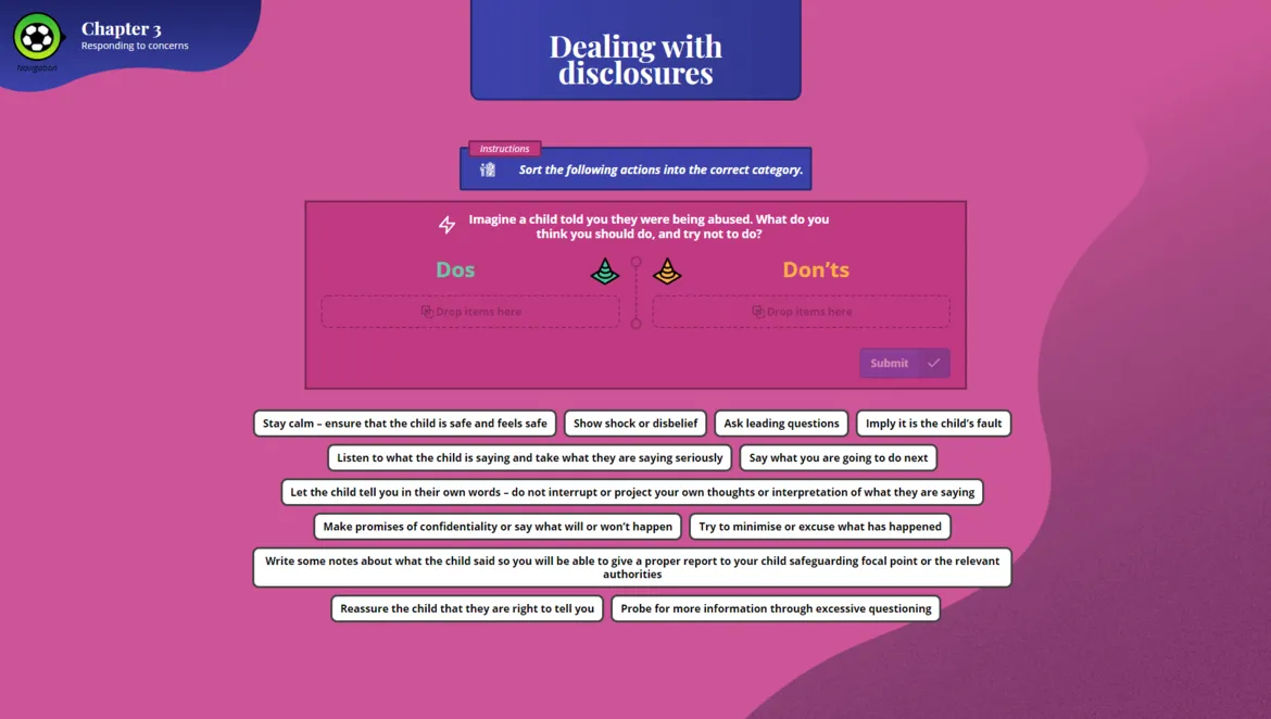 Images des modules e-learning développés par DNA Studios pour le programme de protection des enfants mené par UEFA et Terre des Hommes 01