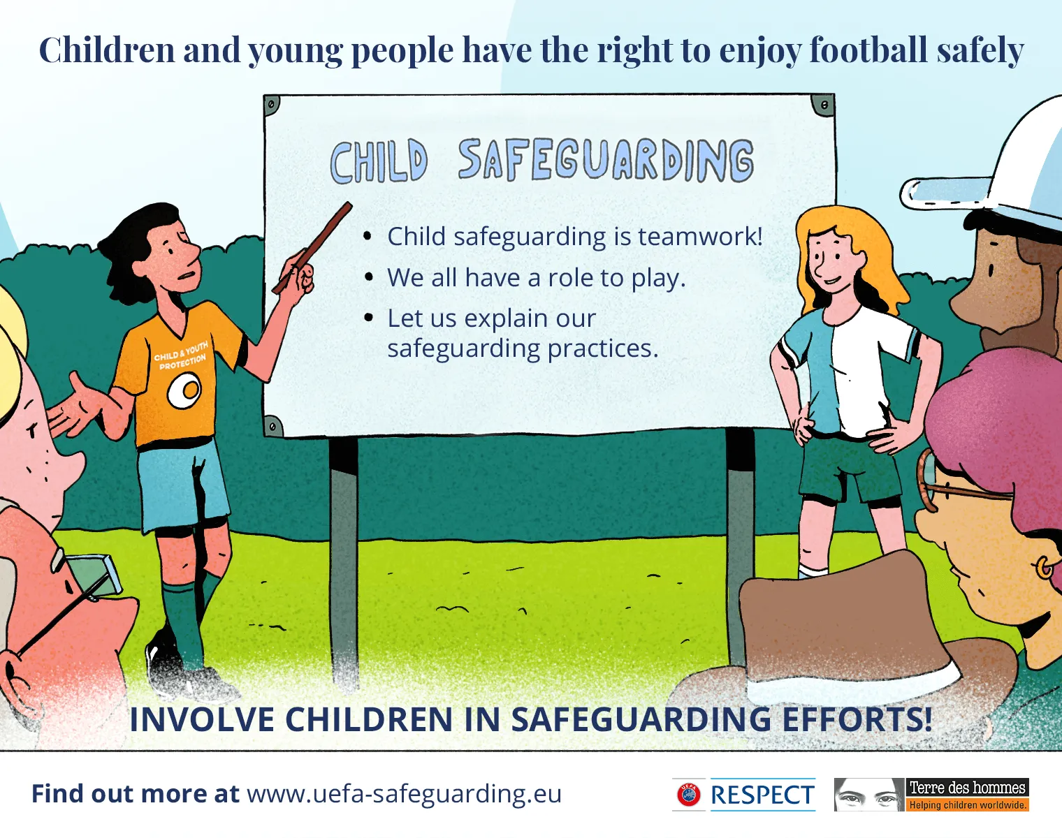 Poster de promotion pour les réseaux sociaux des modules e-learning child safeguarding UEFA & Terre des Hommes